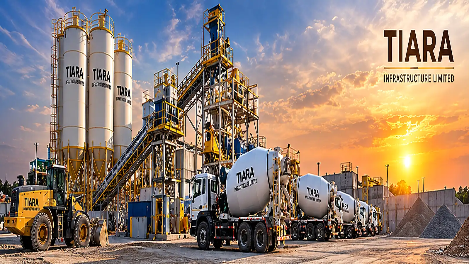 Illustrative view of a ready mix concrete batching plant and construction operations